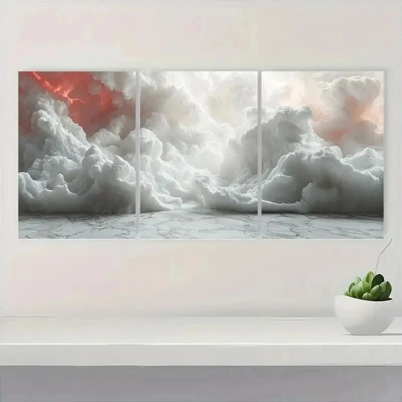 3pcs Abstract Cloud Creamy White & Red Hues d  Wall Art Set Canvas Framed 60x90cm - High Quality Print 100% Australian Made Wall Canvas Ready to Hang - Bella Home Decor