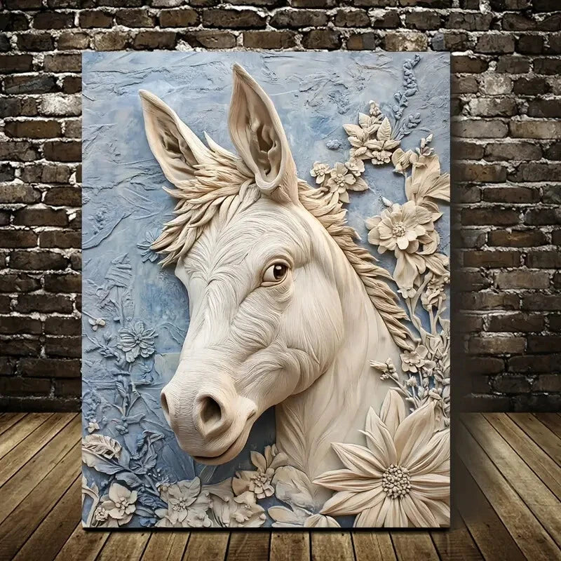 Featuring a Donkey Surrounded by Flowers Painting 40x60cm Metal Print Ready to Hang - Bella Home Decor