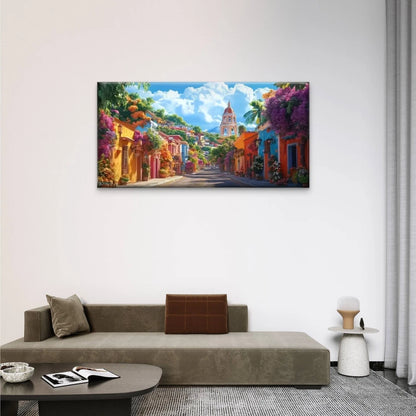 Street Colorful Flower Building Wall Art Canvas Office Home Room Framed 120x60cm