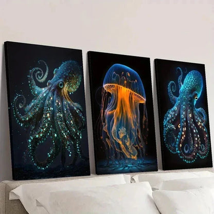 3pcs Glowing Octopus Jellyfish Illustration Wall Art Canvas Unframed - High Quality Print 100% Australian Made Wall Canvas - Bella Home Decor