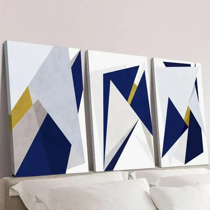 3pcs Geometric Golden and Blue Triangle Design Wall Art Canvas Unframed - High Quality Print 100% Australian Made Wall Canvas - Bella Home Decor