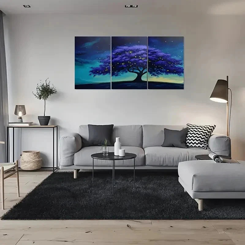 3pcs Night Tree Glowing Stars Landscape Metal Print Ready to Hang Art
