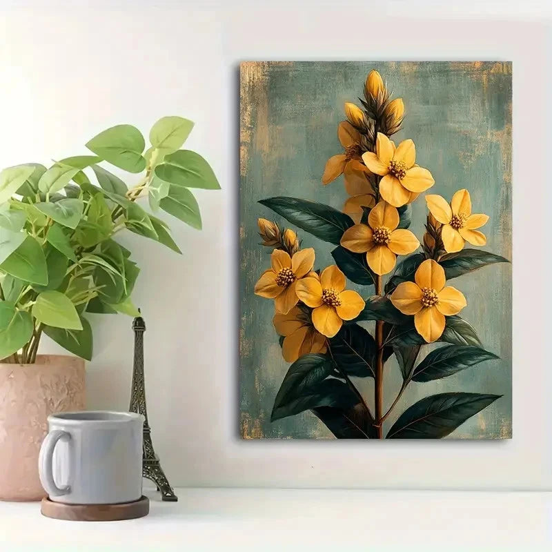 Beautiful Yellow Flowers On Teal Background Painting 40x60cm Metal Print Ready to Hang