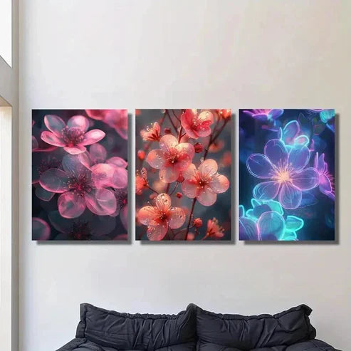 3pcs Pink & Purple Flowers on Dark Background  Wall Art Set Canvas Unframed - High Quality Print 100% Australian Made Wall Canvas