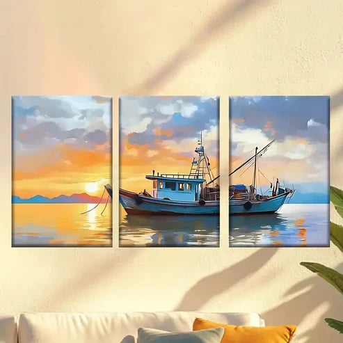 3pcs Sunset Boat Scene with Serene Water Reflect Wall Art Canvas Unframed - High Quality Print 100% Australian Made Wall Canvas