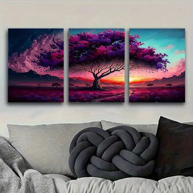 3pcs Dreamy Purple Tree at Dusk Wall Art Set Canvas Framed 40x60cm - High Quality Print 100% Australian Made Wall Canvas Ready to Hang - Bella Home Decor