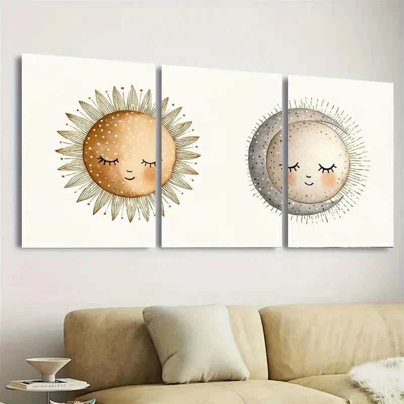 3pcs Cute & Classy Neutral Nursery Sun and Moon Wall Art Set Canvas Framed 60x90cm - High Quality Print 100% Australian Made Wall Canvas Ready to Hang - Bella Home Decor