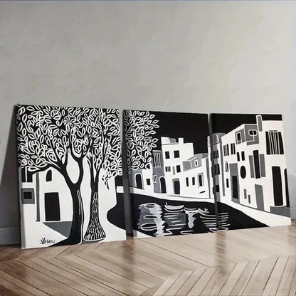 3pcs Black and White Ancient City Canal Wall Art Canvas Unframed - High Quality Print 100% Australian Made Wall Canvas - Bella Home Decor