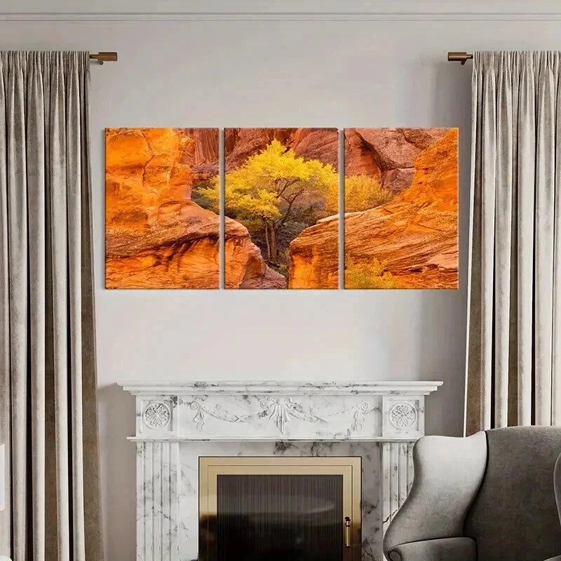 3pcs Autumn Golden Trees on a Valley Wall Art Set Canvas Framed 60x90cm - High Quality Print 100% Australian Made Wall Canvas Ready to Hang - Bella Home Decor