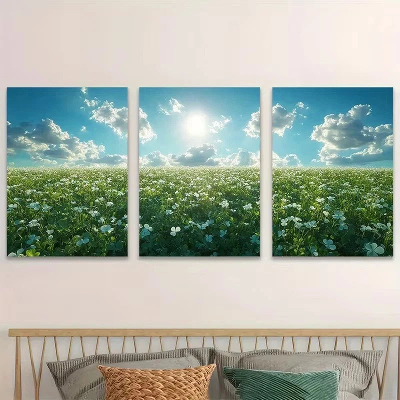 3pcs Serene Field of Shamrocks Wall Art Set Canvas Framed 60x90cm - High Quality Print 100% Australian Made Wall Canvas Ready to Hang