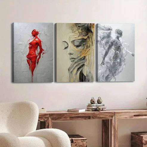 3pcs Abstract Figure Gold Gray Red Ladies White Wall Art Set Canvas Unframed - High Quality Print 100% Australian Made Wall Canvas - Bella Home Decor