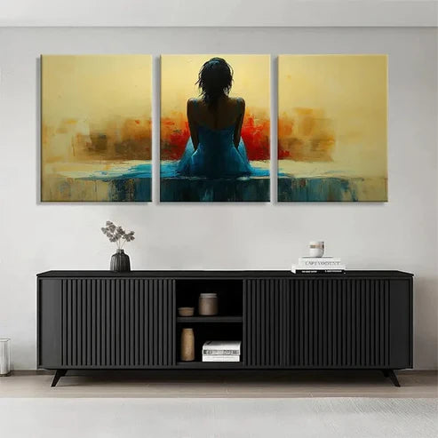 3pcs Woman in Blue Dress Abstract Serene Wall Art Set Canvas Unframed - High Quality Print 100% Australian Made Wall Canvas