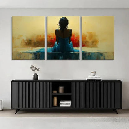 3pcs Woman in Blue Dress Abstract Serene Wall Art Set Canvas Unframed - High Quality Print 100% Australian Made Wall Canvas