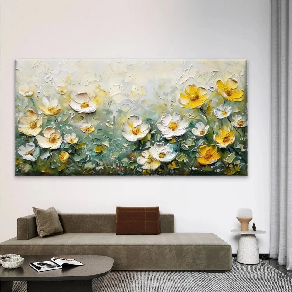 Yellow White Flower Field Wall Art Canvas Office Home Room Framed 120x60cm