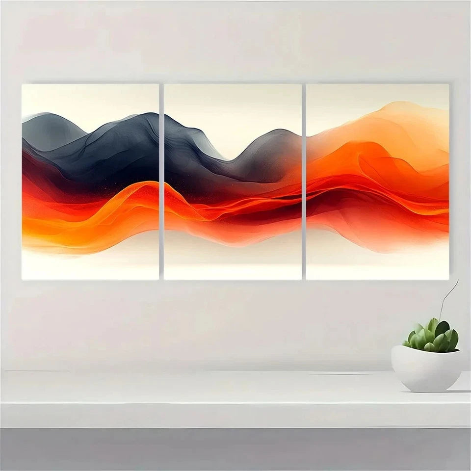 3pcs Modern Orange Abstract Lines Metal Print Ready to Hang Art