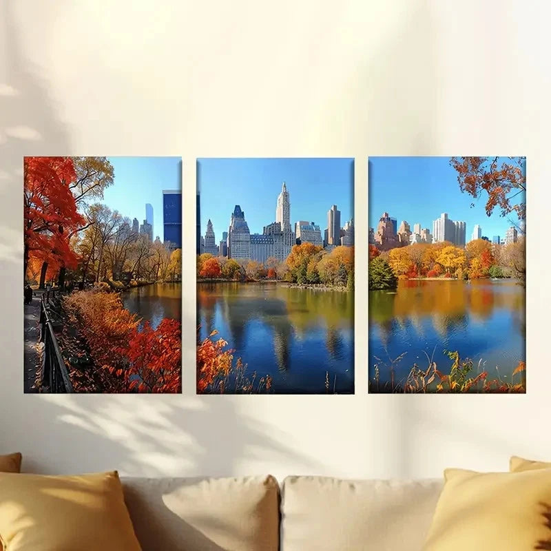 3pcs Autumn forest under blue sky Wall Art Set Canvas Framed 60x90cm - High Quality Print 100% Australian Made Wall Canvas Ready to Hang - Bella Home Decor