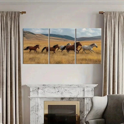 3pcs Galloping Horses In Golden Field Landscape Wall Art Set Canvas Framed 40x60cm - High Quality Print 100% Australian Made Wall Canvas Ready to Hang - Bella Home Decor