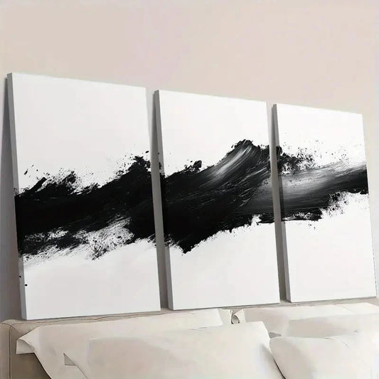 3pcs Black White Abstract Stroke Graffiti Design Wall Art Set Canvas Framed 60x90cm - High Quality Print 100% Australian Made Wall Canvas Ready to Hang