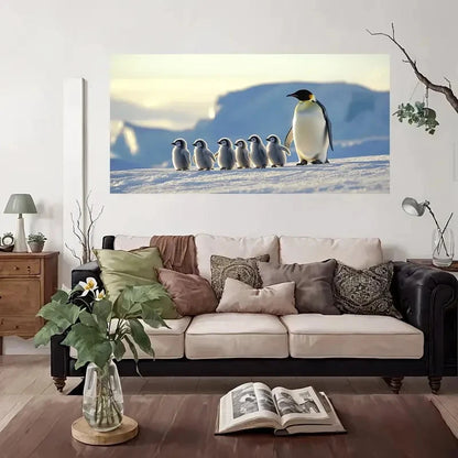 Penguin Family Snow Scene Wall Art Canvas Office Home Room Framed 120x60cm