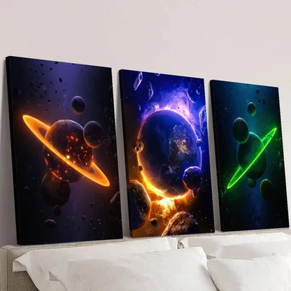 3pcs Abstract Colorful Space Planets Wall Art Set Canvas Unframed - High Quality Print 100% Australian Made Wall Canvas - Bella Home Decor