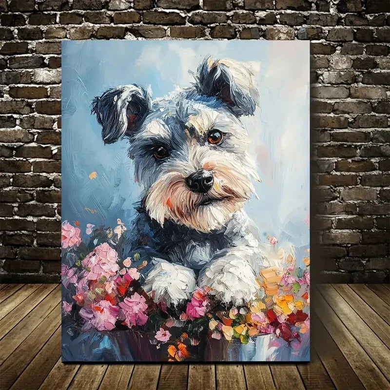 Adorable Schnauzer Puppy with Vibrant Flowers 40x60cm Metal Print Ready to Hang - Bella Home Decor