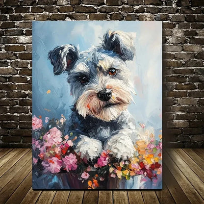 Adorable Schnauzer Puppy with Vibrant Flowers 40x60cm Metal Print Ready to Hang - Bella Home Decor