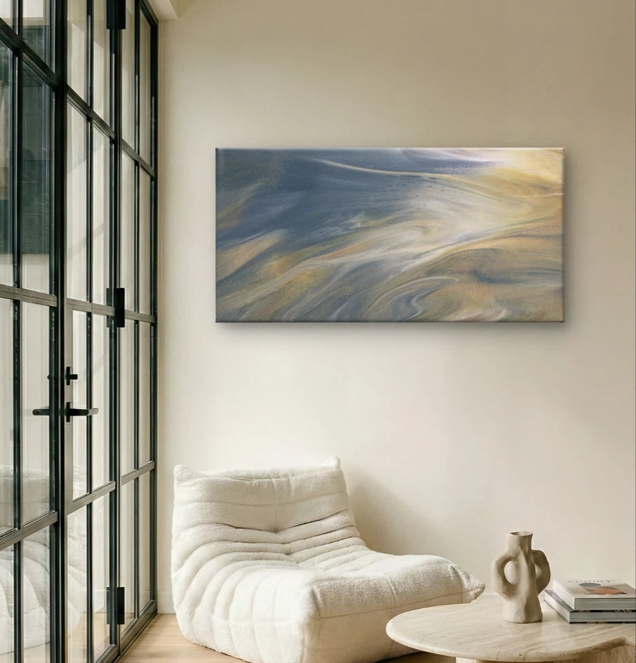 Modern Abstract Blue and Gold Fluid Wall Art Canvas Office Home Framed 120x60cm