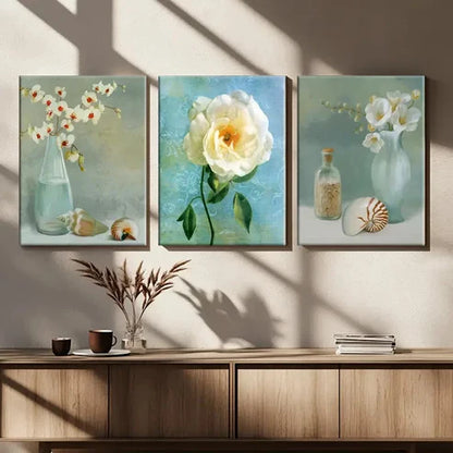 3pcs White Flower Fantasy Bottle White Rose Blue Wall Art Set Canvas Unframed - High Quality Print 100% Australian Made Wall Canvas