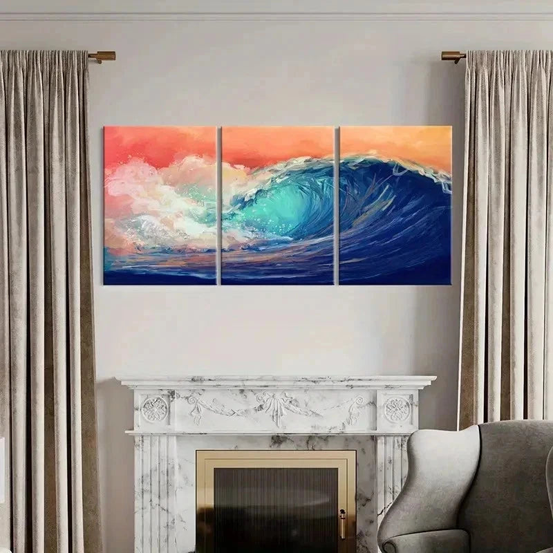 3pcs Ocean Waves Watercolor Aesthetic Wall Art Set Canvas Framed 60x90cm - High Quality Print 100% Australian Made Wall Canvas Ready to Hang - Bella Home Decor