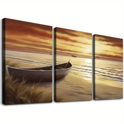 3pcs Ocean Seascape with Boat at Sunset Wall Art Canvas Unframed - High Quality Print 100% Australian Made Wall Canvas