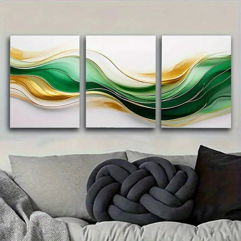 3pcs Green and Golden Abstract Waves Wall Art Set Canvas Framed 40x60cm - High Quality Print 100% Australian Made Wall Canvas Ready to Hang