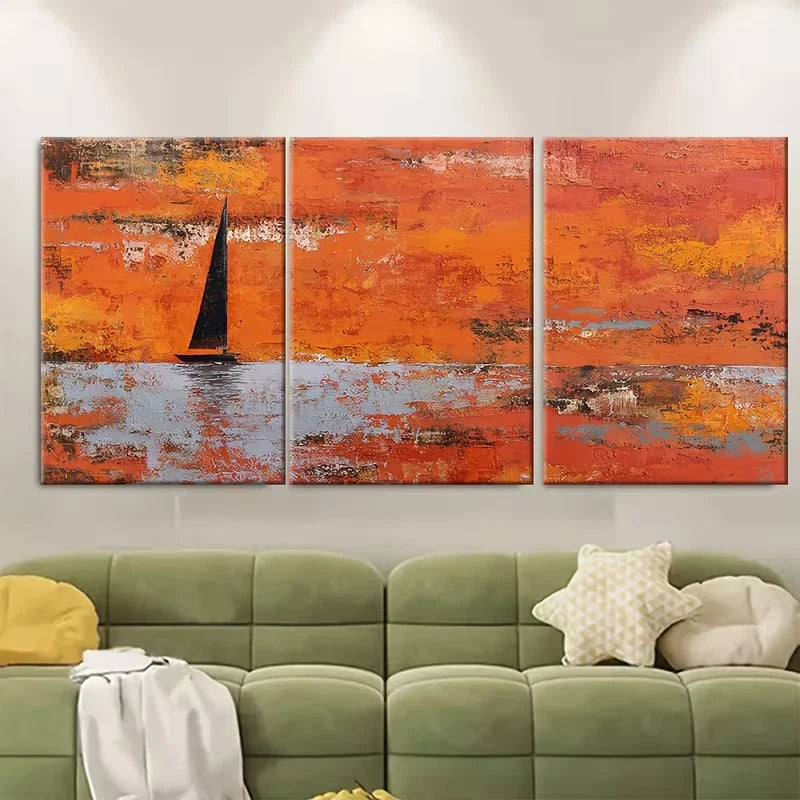 3pcs Abstract Sunset Boat Painting Metal Print Ready to Hang Art - Bella Home Decor