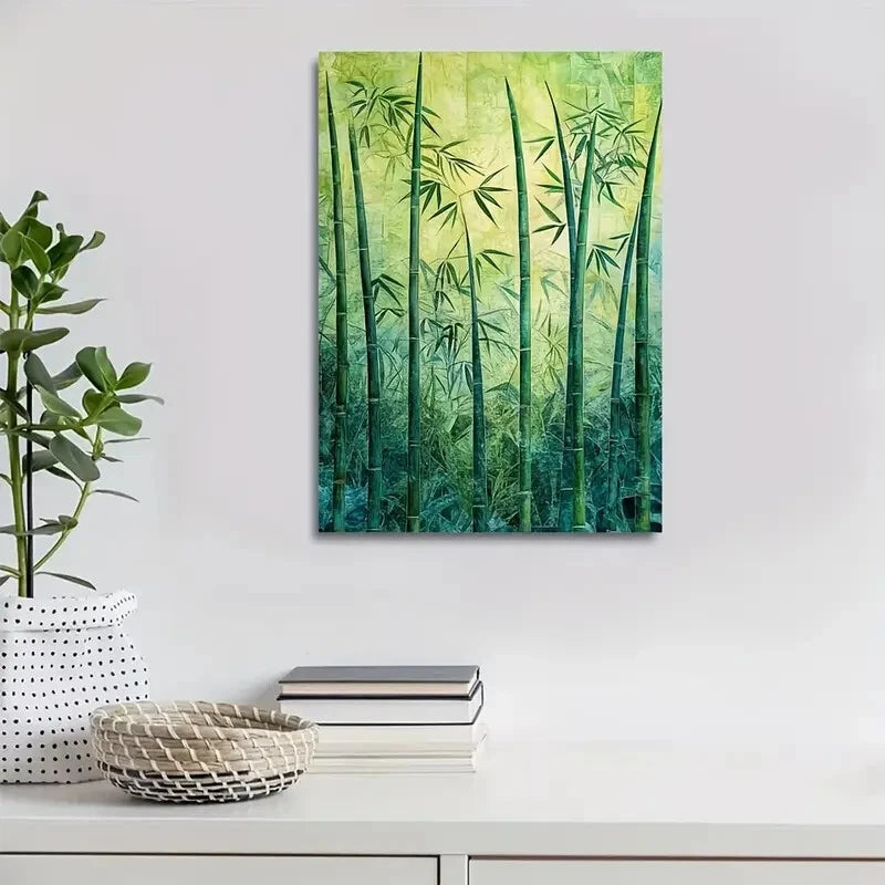 Beautiful Emerald Green Bamboo Meadow Serene Painting 40x60cm Metal Print Ready to Hang - Bella Home Decor
