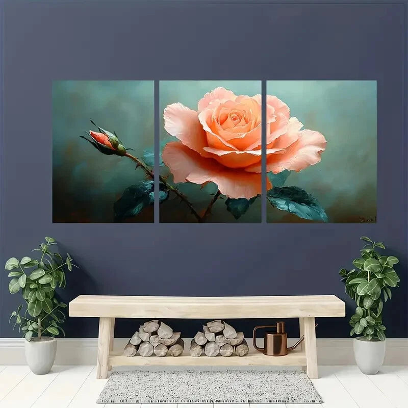 3pcs Vibrant Orange & Pink Roses with Green Leaves Metal Print Ready to Hang Art - Bella Home Decor