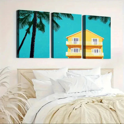 3pcs Blue Background Yellow Three-Story YB  Wall Art Set Canvas Framed 50x70cm - High Quality Print 100% Australian Made Wall Canvas Ready to Hang - Bella Home Decor