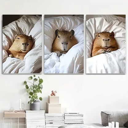 3pcs Whimsical Capybara Selfie Corrido Wall Art Set Canvas Unframed - High Quality Print 100% Australian Made Wall Canvas