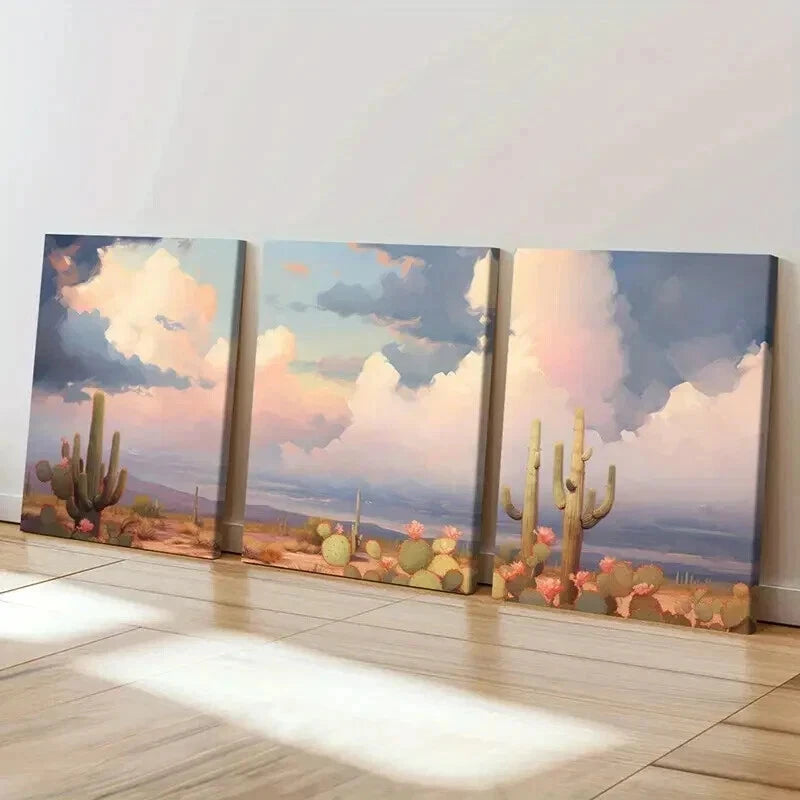 3pcs Desert Landscape Cactus Plants & Cloudy Sky Wall Art Set Canvas Framed 50x70cm - High Quality Print 100% Australian Made Wall Canvas Ready to Hang - Bella Home Decor
