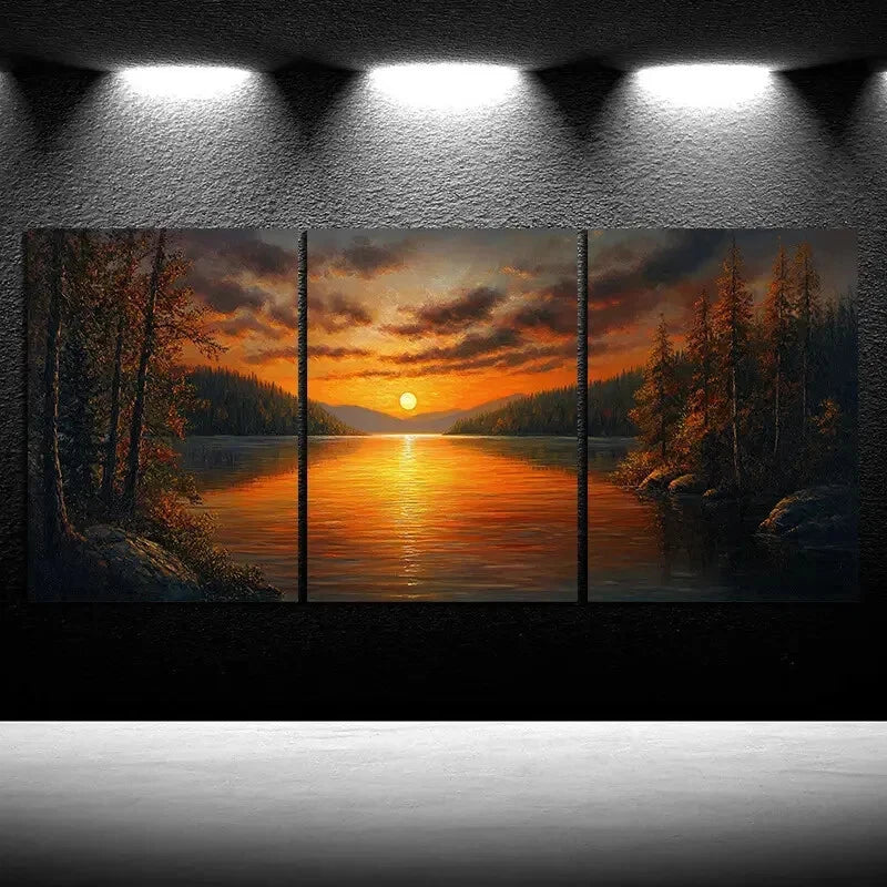 3pcs Sunset Lake Nature Trees Metal Print Ready to Hang Art - Bella Home Decor