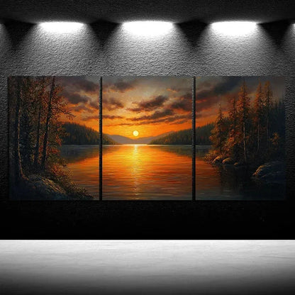 3pcs Sunset Lake Nature Trees Metal Print Ready to Hang Art - Bella Home Decor