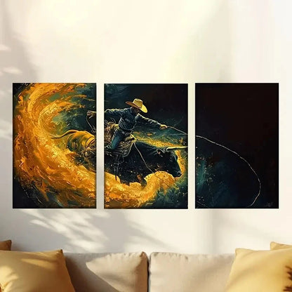 3pcs Cowboy Riding Horse Wall Art Set Canvas Framed 50x70cm - High Quality Print 100% Australian Made Wall Canvas Ready to Hang - Bella Home Decor