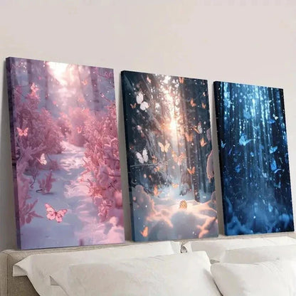 3pcs Blue and Pink Butterfly in Forest Wall Art Canvas Unframed - High Quality Print 100% Australian Made Wall Canvas - Bella Home Decor