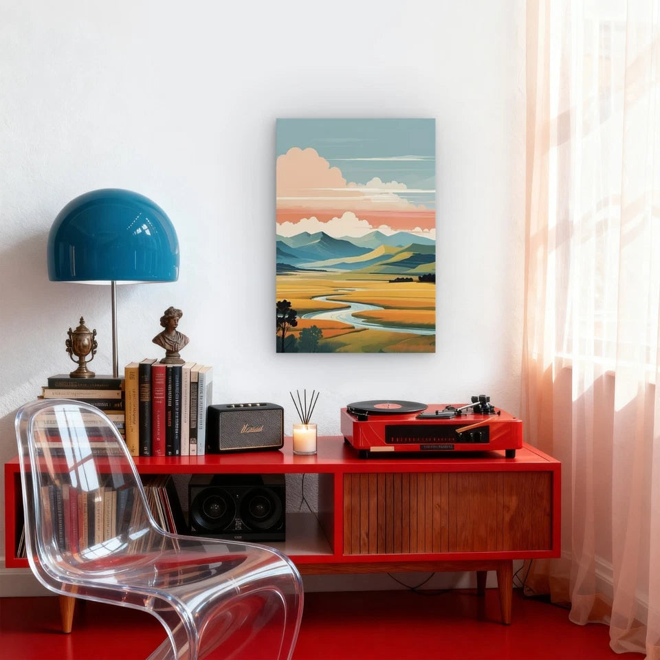 River Landscape with Rolling Hills Metal Print Ready to Hang