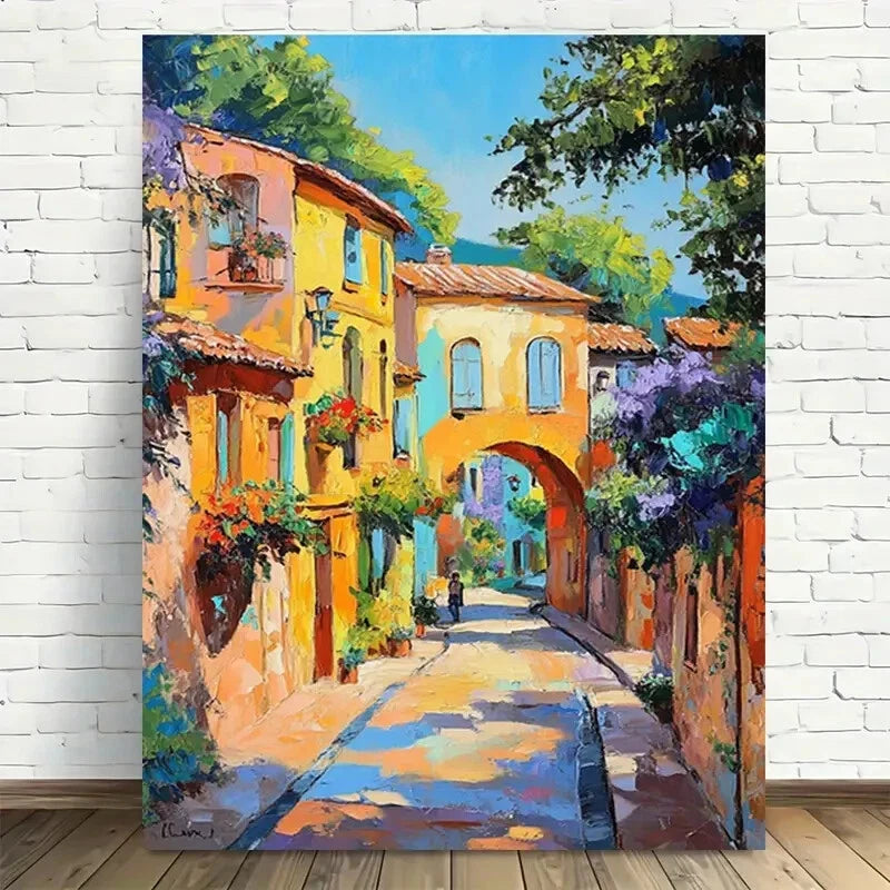 Beautiful Colorful European Village Street Painting 40x60cm Metal Print Ready to Hang