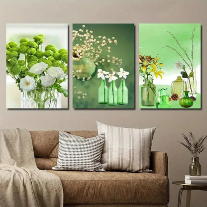3pcs Emerald Green Bottle Plant Flower Perfect Wall Art Set Canvas Framed 40x60cm - High Quality Print 100% Australian Made Wall Canvas Ready to Hang - Bella Home Decor