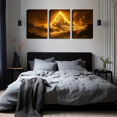 3pcs Golden Light Shining Magic Hilltop Abstract Wall Art Canvas Unframed - High Quality Print 100% Australian Made Wall Canvas - Bella Home Decor