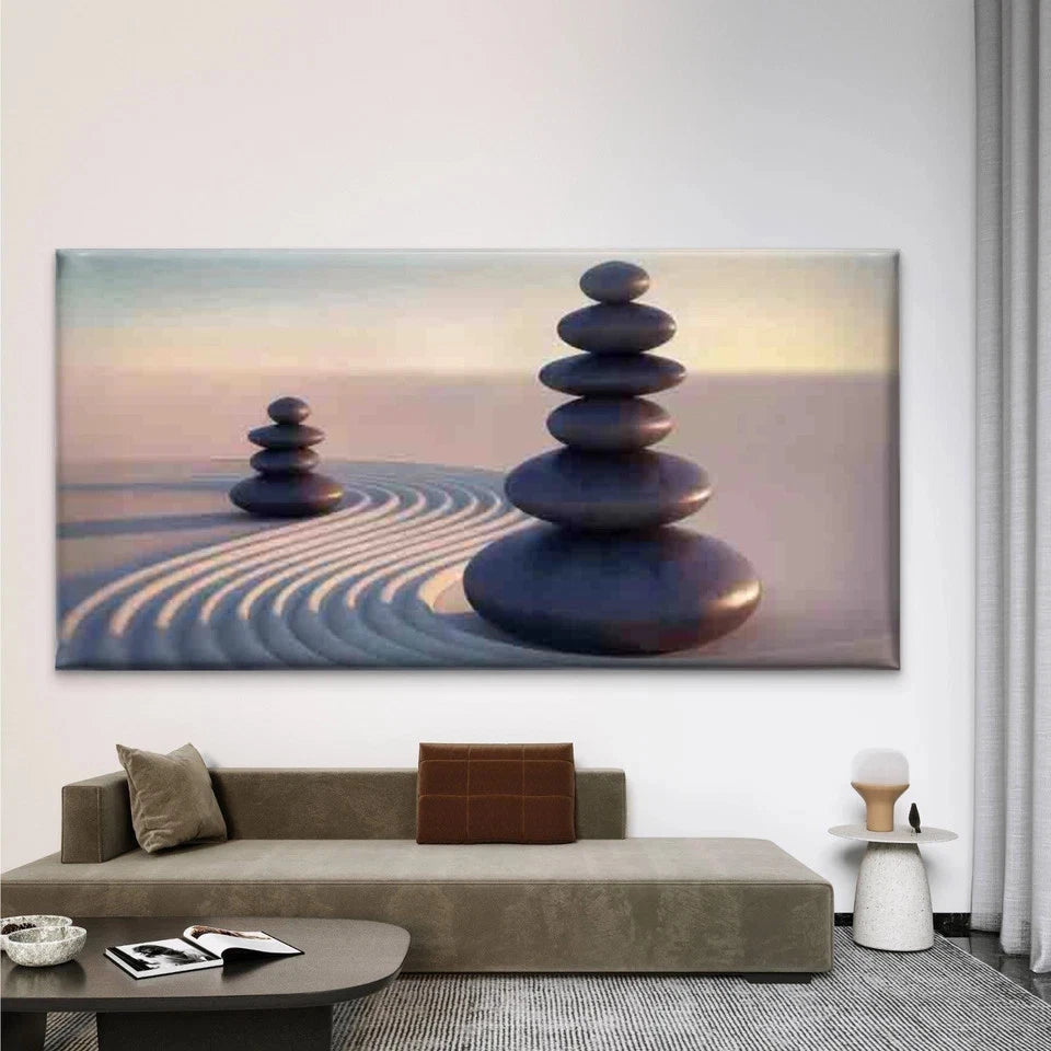 Zen Stone Balance in Sand Wall Art Canvas Office Home Room Framed 120x60cm
