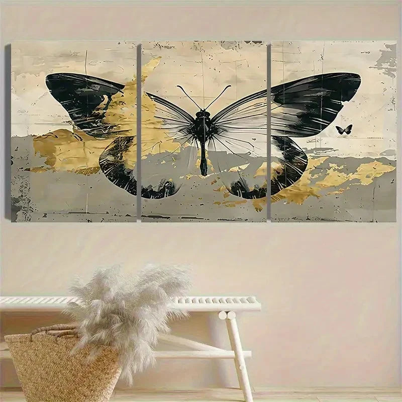 3pcs Black and Golden Butterfly Canvas Wall Art Set Canvas Framed 60x90cm - High Quality Print 100% Australian Made Wall Canvas Ready to Hang - Bella Home Decor