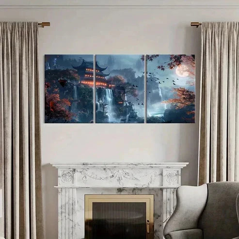 3pcs Waterfall & Traditional Architecture Wall Art Canvas Unframed - High Quality Print 100% Australian Made Wall Canvas