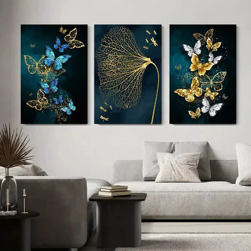 3pcs Butterfly & Golden Dandelion Wall Art Canvas Unframed - High Quality Print 100% Australian Made Wall Canvas - Bella Home Decor