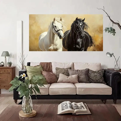 White Horse & Black Horse Wall Art Canvas Office Home Room Framed 120x60cm
